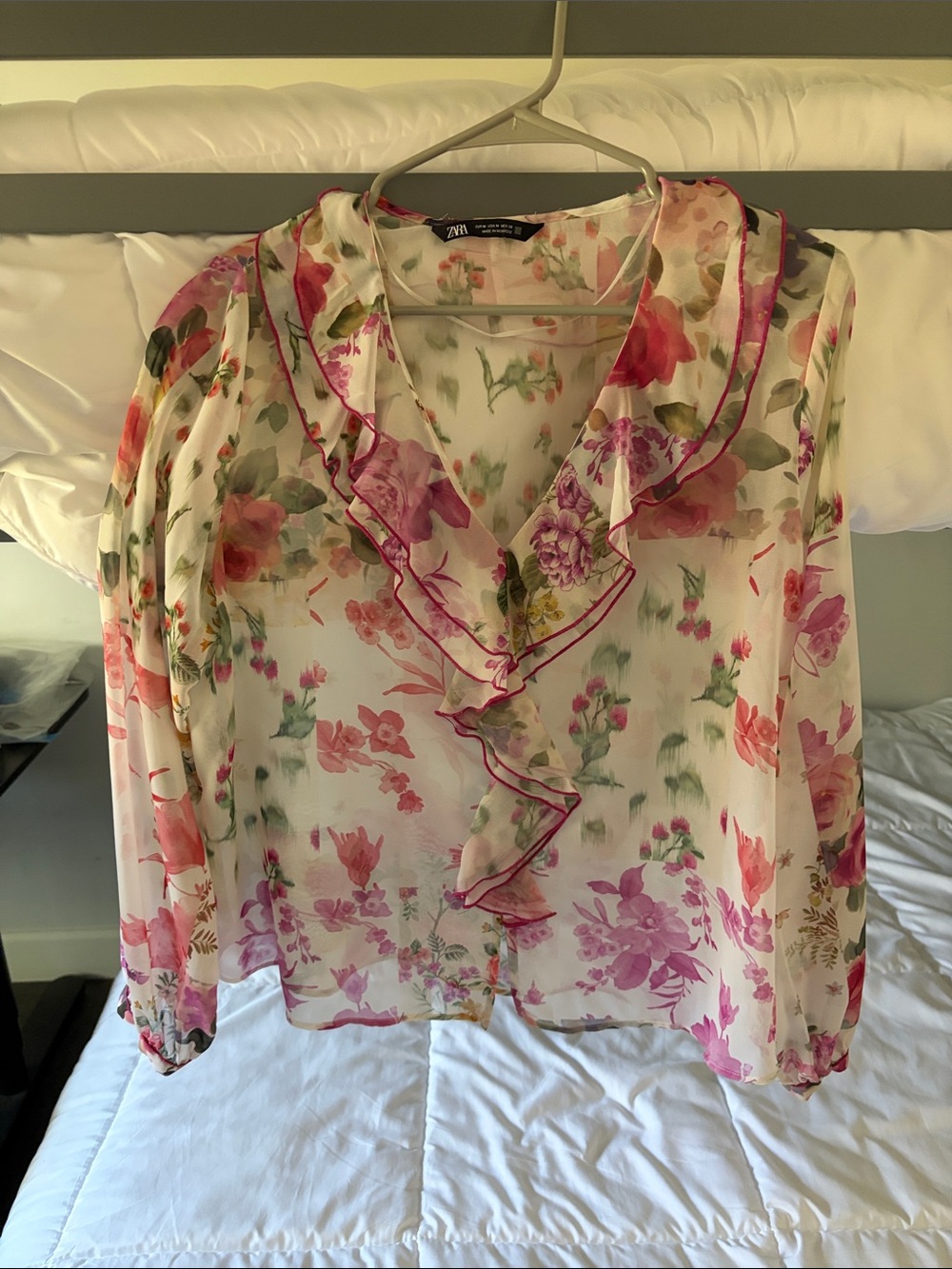 Zara Cream Sheer Floral Ruffle V-Neck Blouse with Pink Accents